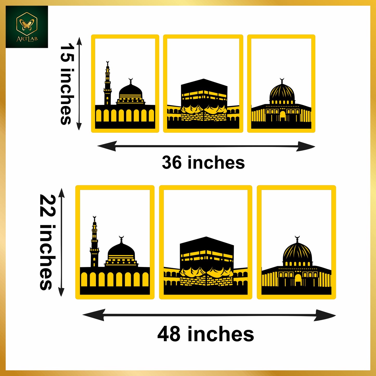 Masjid Nabawi, Khana Kaaba & Masjid Al-Aqsa Wall Art (Set of 3)
