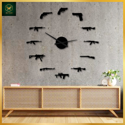Tactical Gun-Themed Wall Clock – Bold Acrylic Design